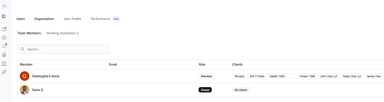 Team Members access overview in Rima