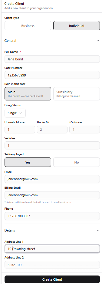 Create Client form in Rima