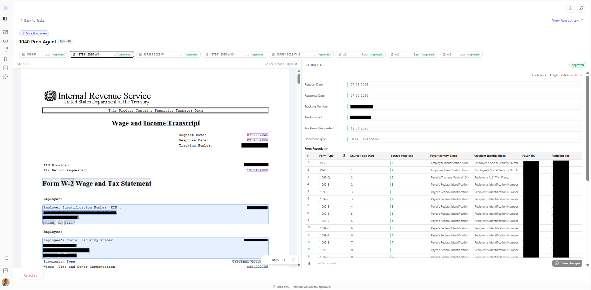 Rima 1040 preparation showing an income transcript alongside extracted information