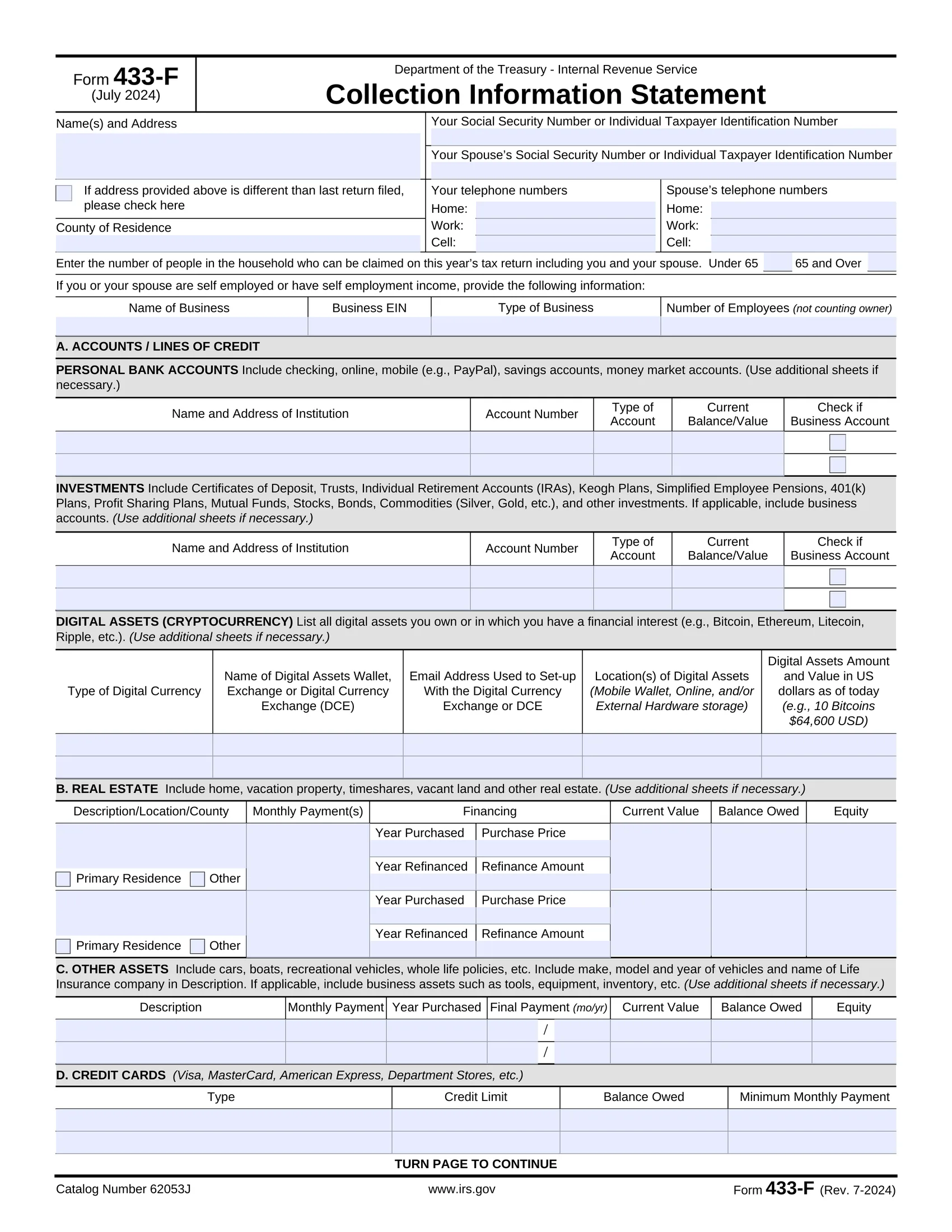 IRS Form 433-F page 1