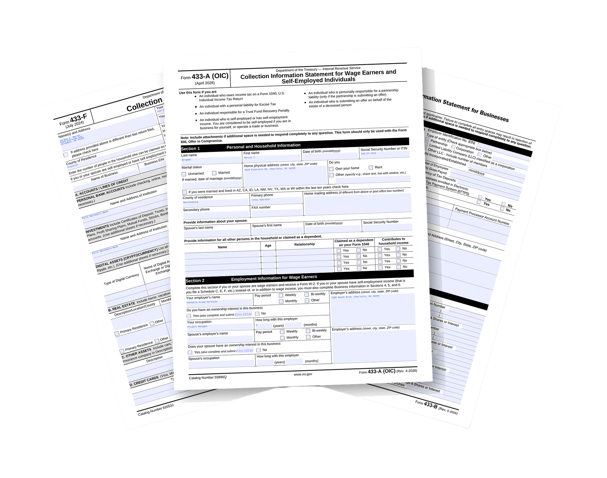 433-F, 433-A (OIC), and 433-B IRS collection forms filled out and fanned