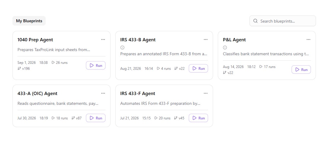 Rima My Blueprints workspace showing 1040 Prep, IRS 433-B, P&L, 433-A (OIC), and IRS 433-F agents